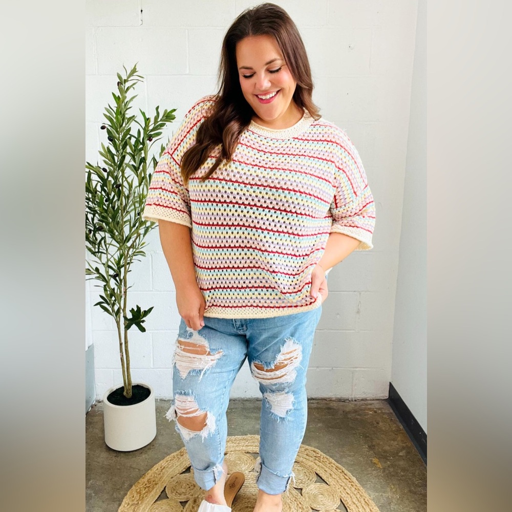 Haptics by Holly Harper stripe netted crochet pullover top